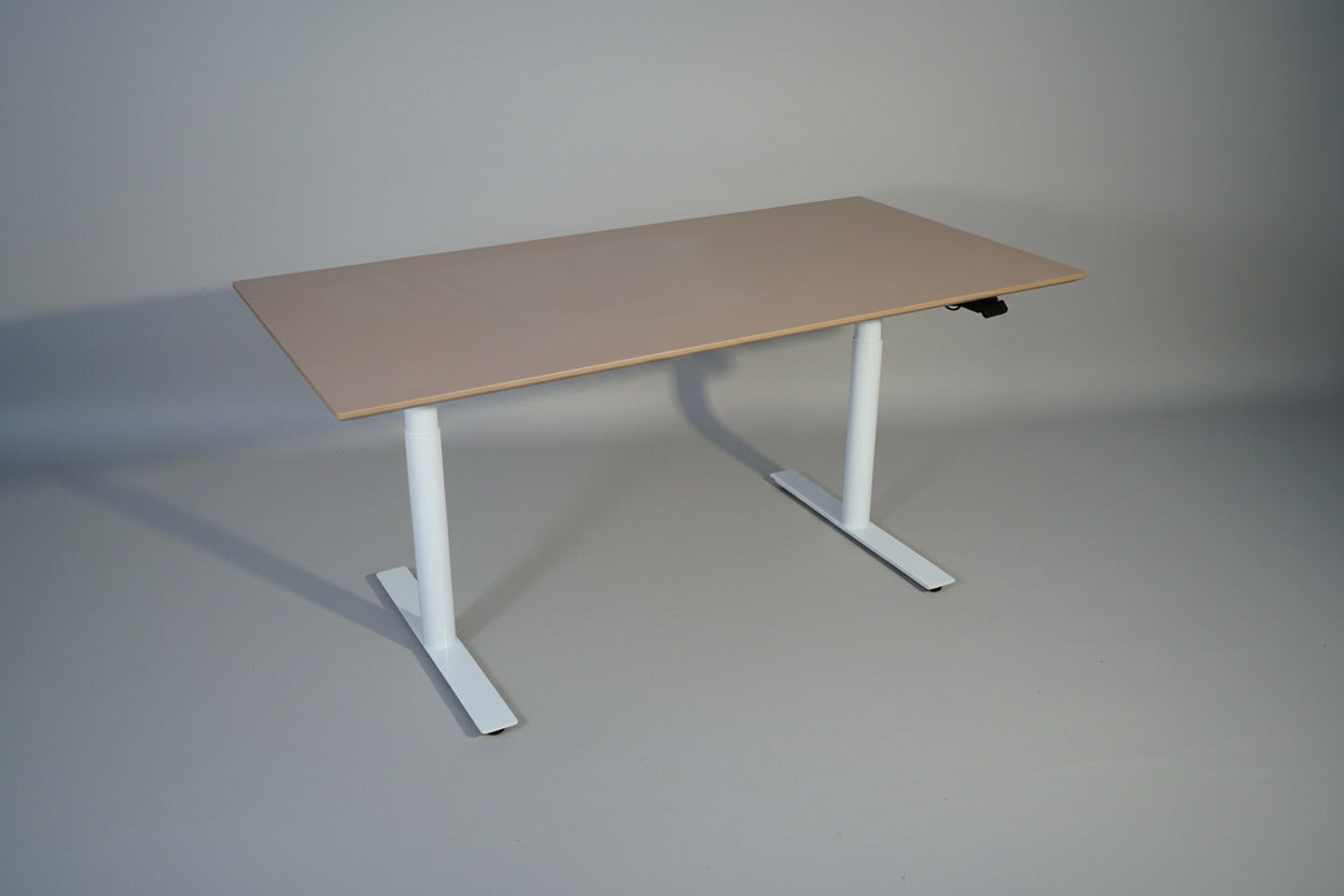Arnehus hæve-sænkebord 160x80 i valnød linoleum med hvidt stel set skråt forfra